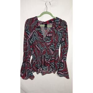 BISOU BISOU Womens Sheer Smocked Midriff Tunic Top M Boho Sleeve Whimsical Artsy